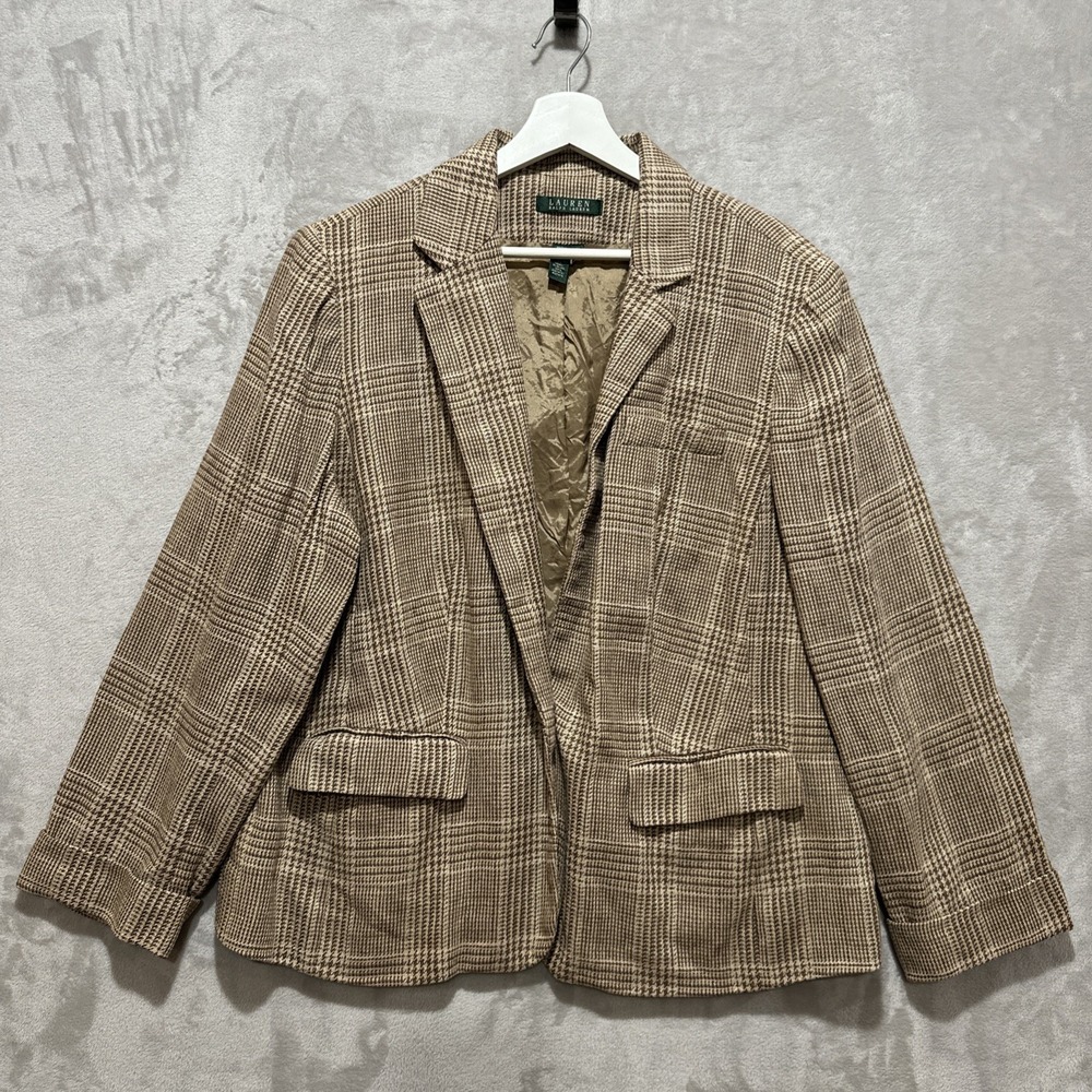 Lauren Ralph Lauren Blazer Brown 100% Linen Plaid Jacket Size 18W Old Money